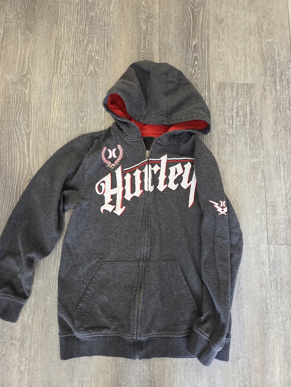 Hurley Kids Dark Gray Zip Hoodie with Red Hood Lining,  Size 14/16, EUC